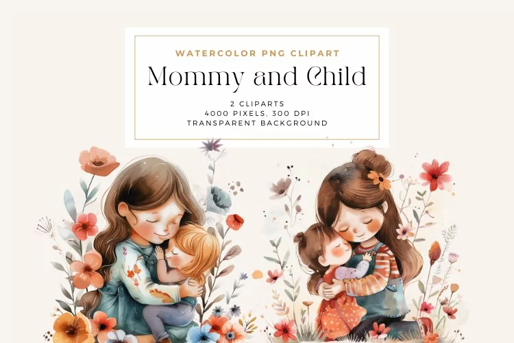 Watercolor Mommy and Child Clipart