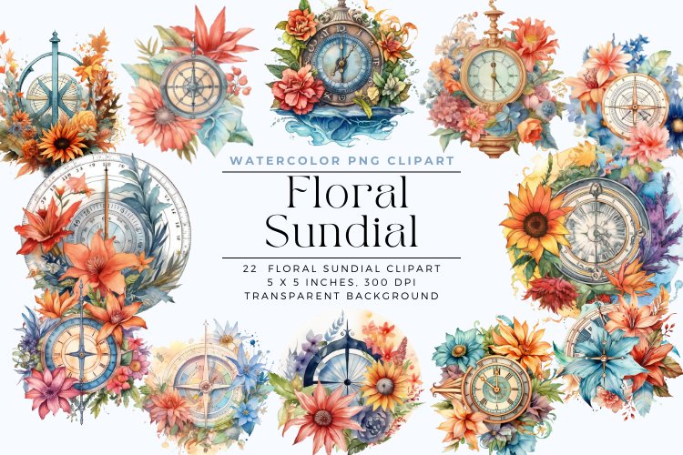 22 Watercolor Floral Sundial Clipart example image 1