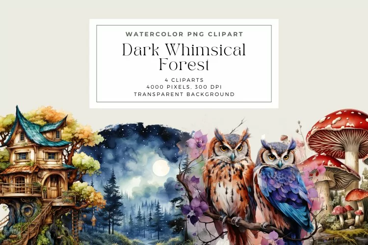 Watercolor Dark Whimsical Forest Clipart