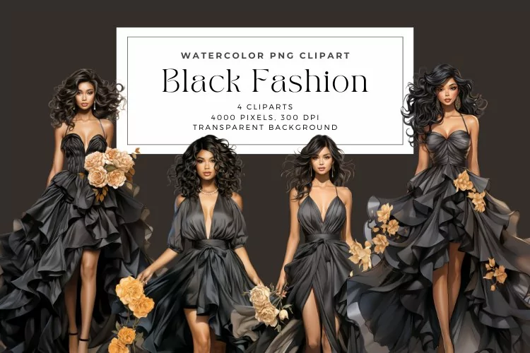 4 Watercolor Black Fashion Clipart
