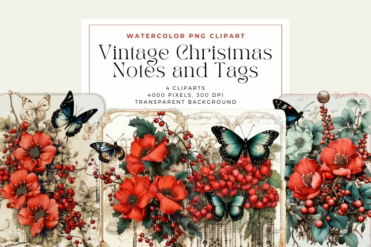 4 Watercolor Vintage Christmas Notes and Tags Clipart