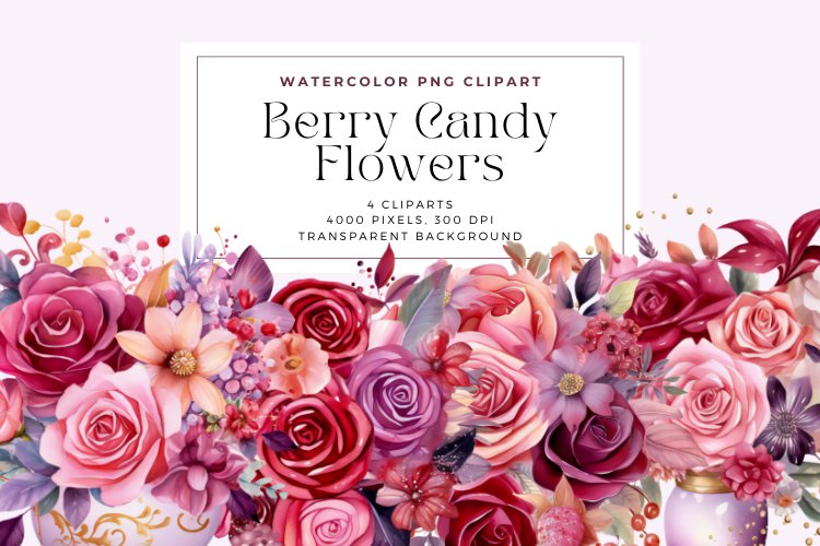 4 Watercolor Berry Candy Flowers Clipart