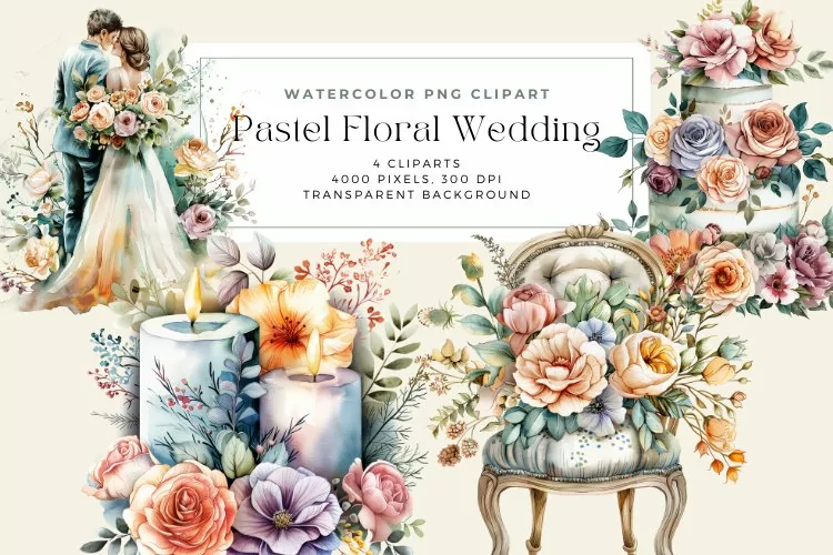 Watercolor Pastel Floral Wedding Collection Clipart