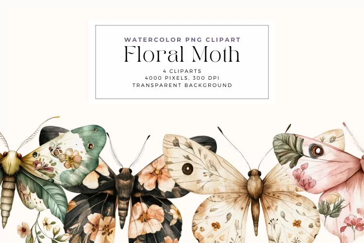 Watercolor Floral Moth Clipart