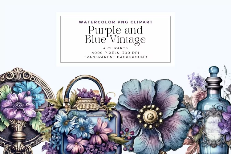 Watercolor Purple and Blue Vintage Clipart