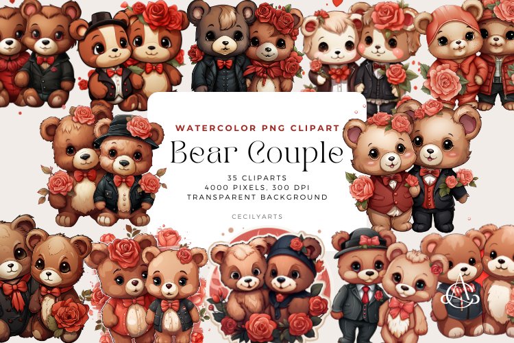 Watercolor Bear Couple Clipart Bundle example image 1