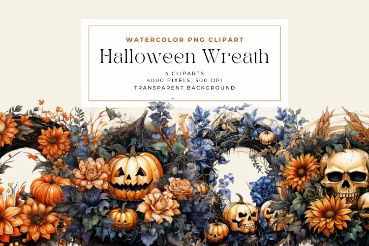4 Watercolor Halloween Wreath Clipart