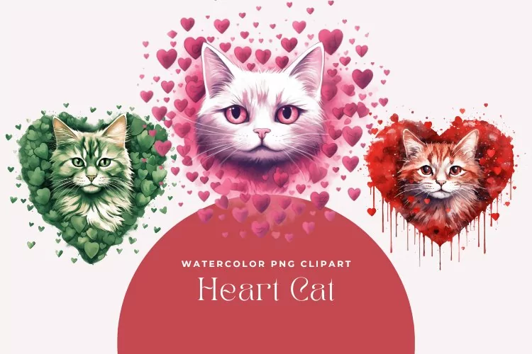 3 Watercolor Heart Cat Clipart