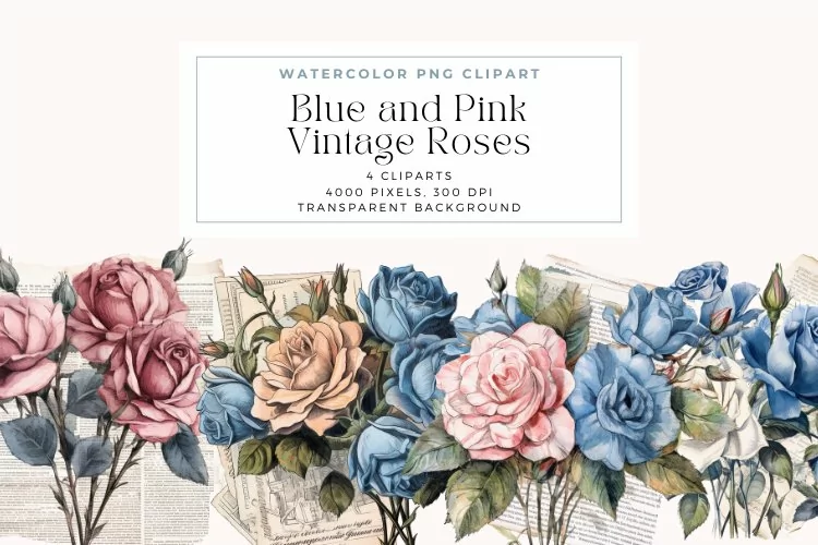 Watercolor Blue and Pink Vintage Roses Clipart