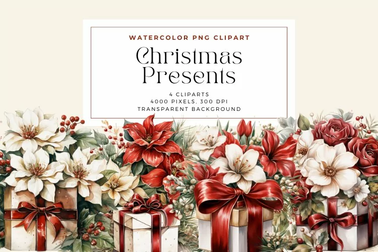 4 Watercolor Christmas Presents Clipart