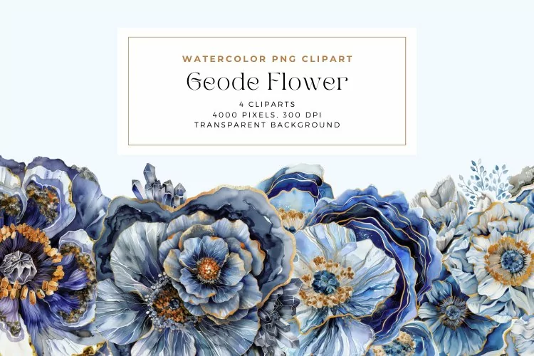 Watercolor Blue and Gold Geode Flower Clipart