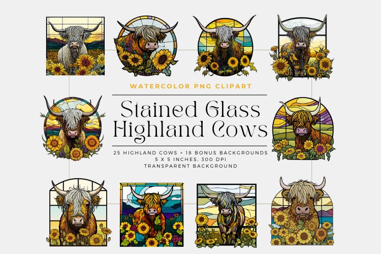 Sunflower Stained Glass Highland Cows example image 1