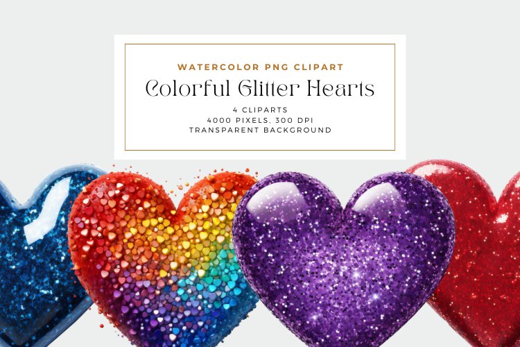 4 Watercolor Colorful Glitter Hearts Clipart example image 1