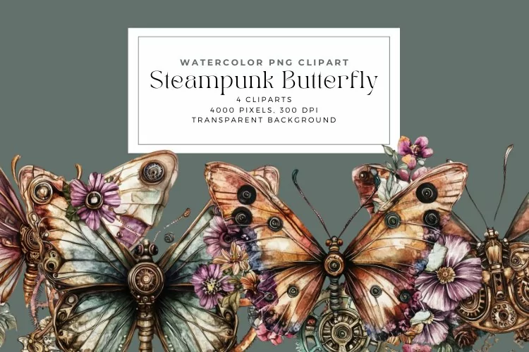 Watercolor Steampunk Butterfly Clipart