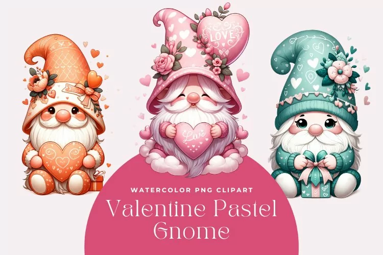 3 Watercolor Valentine Pastel Gnome Clipart
