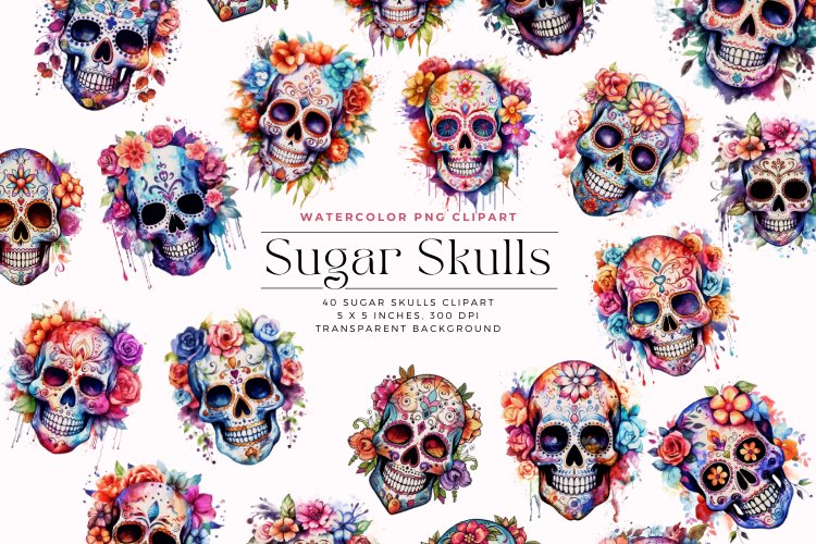 40 Watercolor Sugar Skulls Clipart example image 1