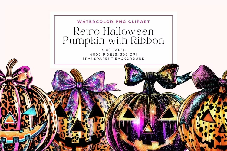 Watercolor Retro Halloween Pumpkin with Ribbon Clipart