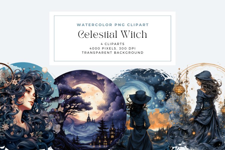 Watercolor Celestial Witch Clipart