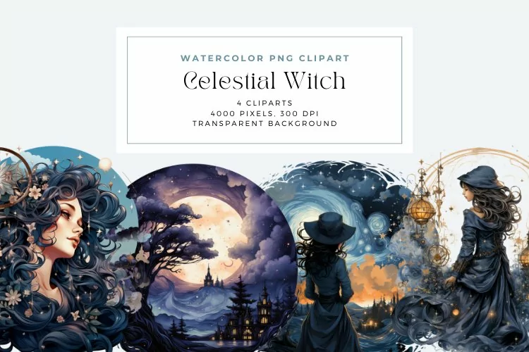 Watercolor Celestial Witch Clipart
