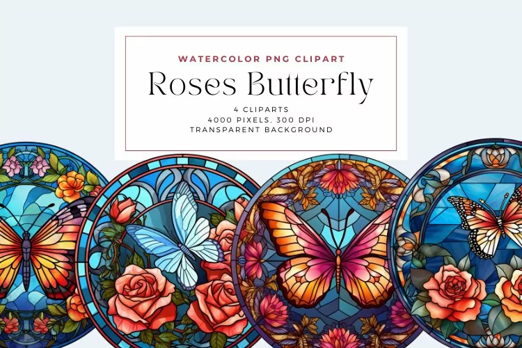 Watercolor Roses Butterfly Stained Glass Clipart