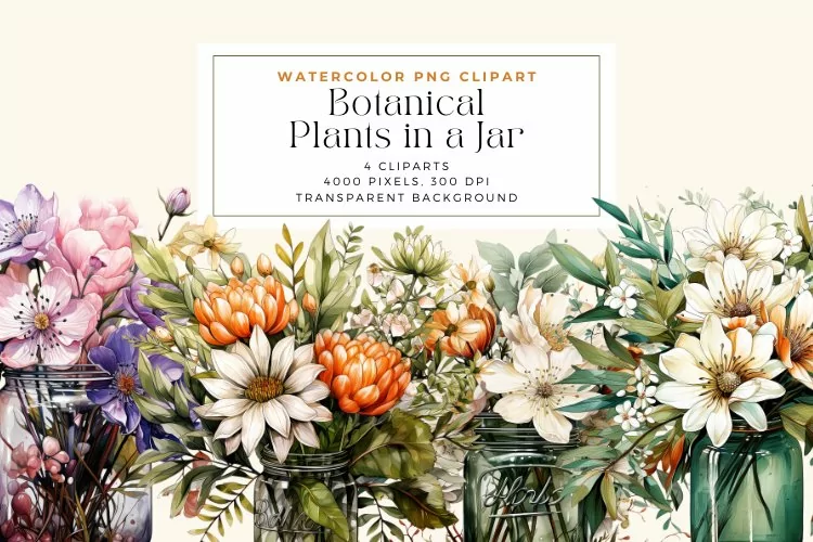 Watercolor Botanical Plants in a Jar Clipart