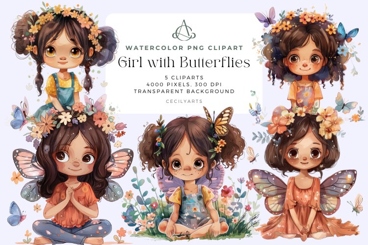 Watercolor African American Girl with Butterflies Clipart example image 1