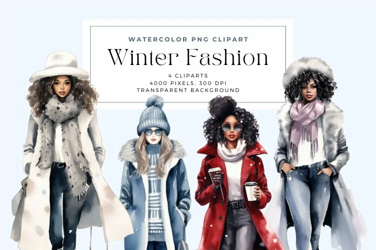 4 Watercolor Winter Fashion Clipart
