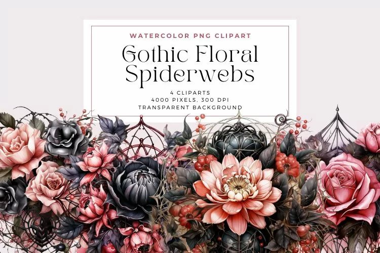 4 Watercolor Gothic Floral Spiderwebs Clipart
