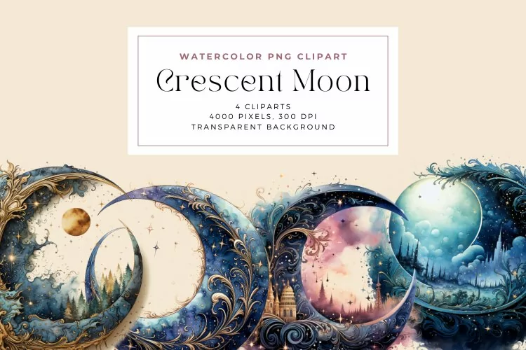 Watercolor Crescent Moon Clipart