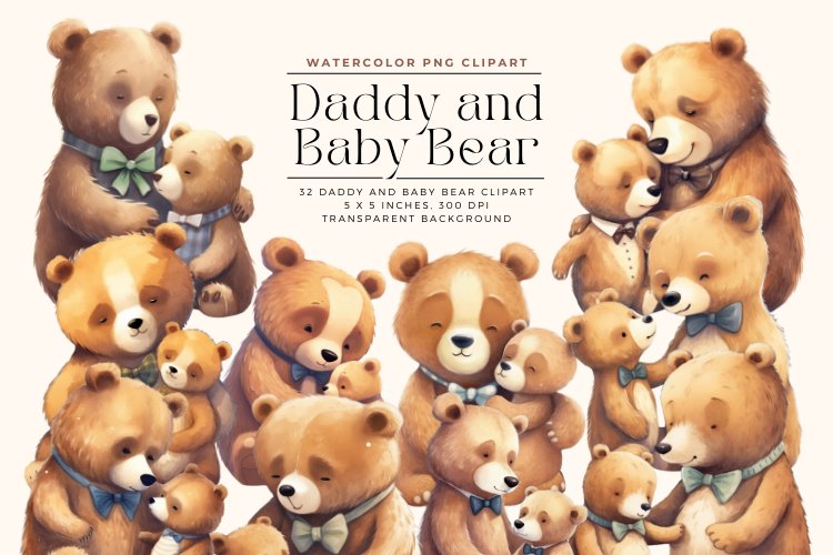 32 Watercolor Daddy and Baby Bear Clipart example image 1