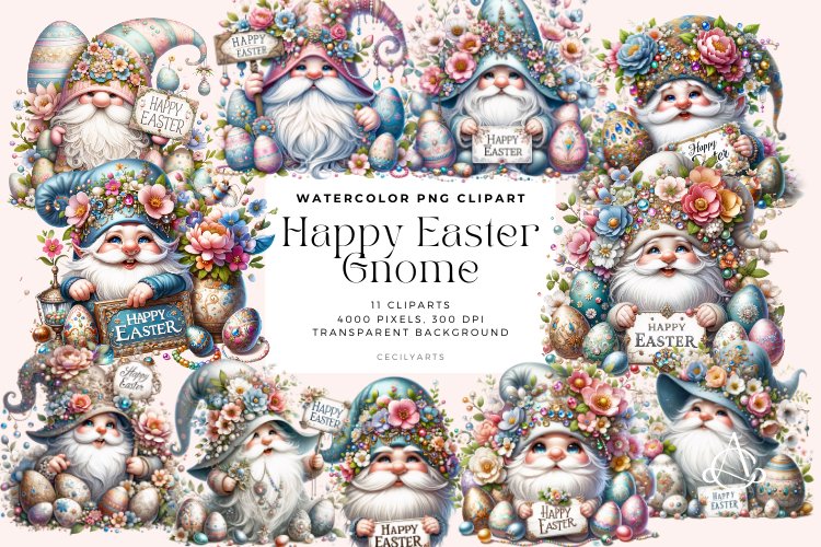 11 Watercolor Happy Easter Gnome Clipart