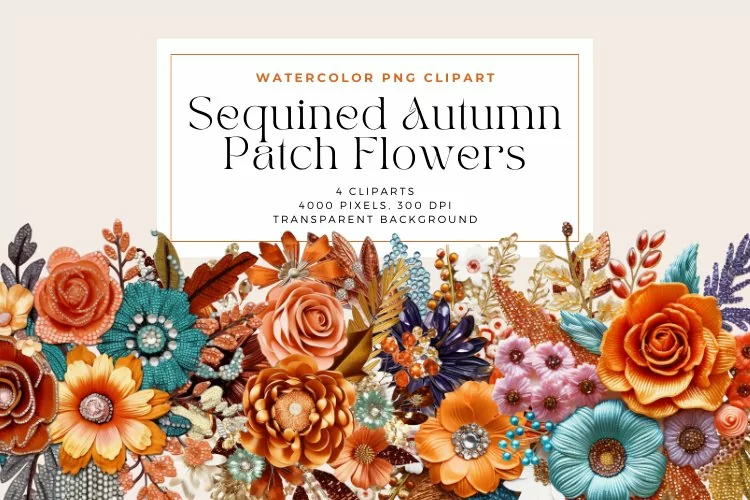 4 Watercolor Sequined Autumn Patch Flowers Clipart
