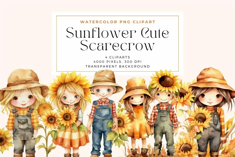 4 Watercolor Sunflower Cute Scarecrow Clipart