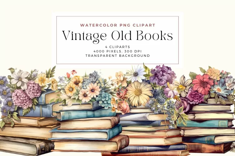 4 Watercolor Vintage Floral Books Clipart