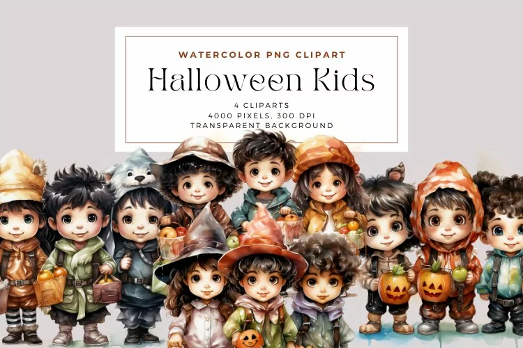 4 Watercolor Halloween Kids Clipart