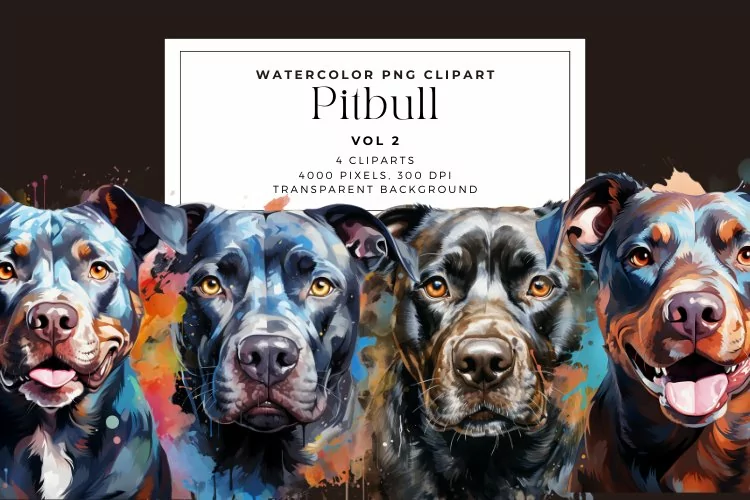 4 Watercolor Pitbull Clipart