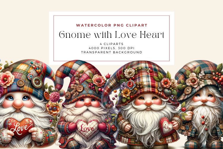 Watercolor Gnome with Love Heart Clipart example image 1