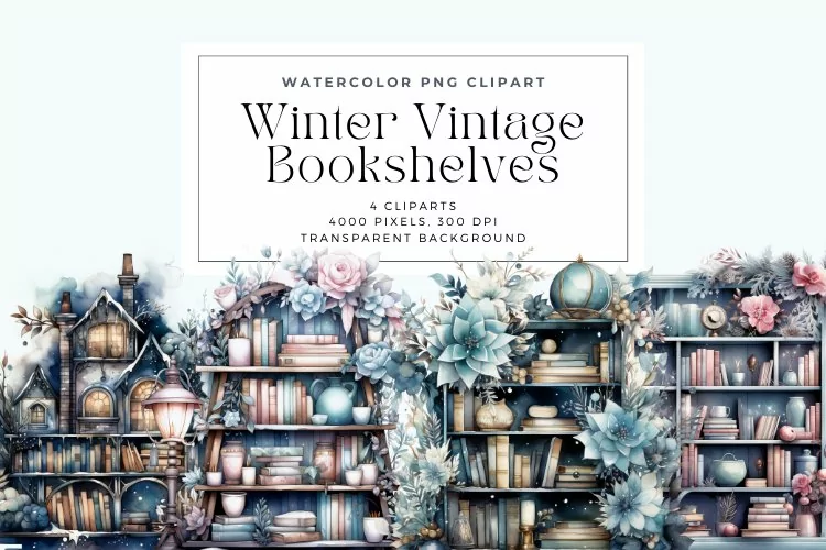 4 Watercolor Winter Vintage Bookshelves Clipart