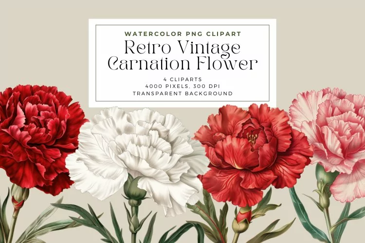 Watercolor Retro Vintage Carnation Flower Clipart
