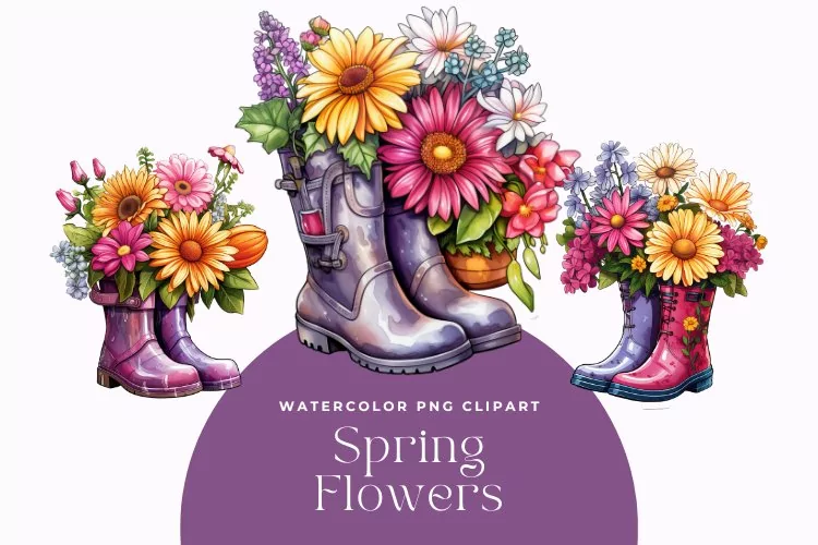 3 Watercolor Spring Flowers in a Boots Clipart