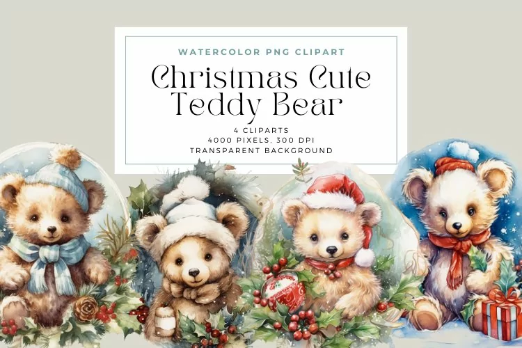 4 Watercolor Christmas Cute Teddy Bear Clipart