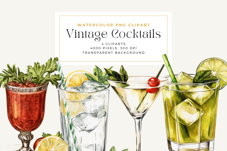Watercolor Vintage Cocktails Clipart