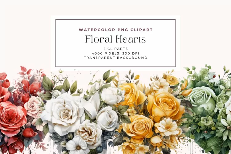 4 Watercolor Floral Hearts Cliparts