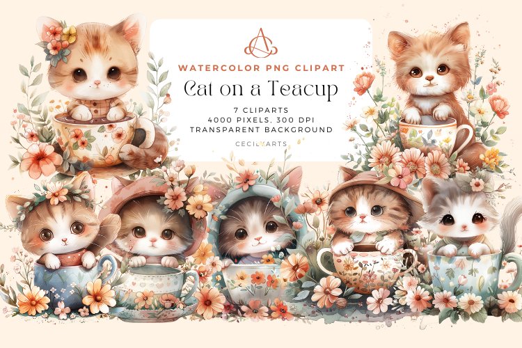 Watercolor Cat on a Teacup Clipart example image 1