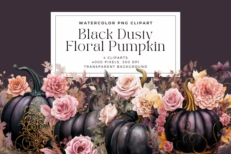 4 Watercolor Black Dusty Floral Pumpkin Clipart