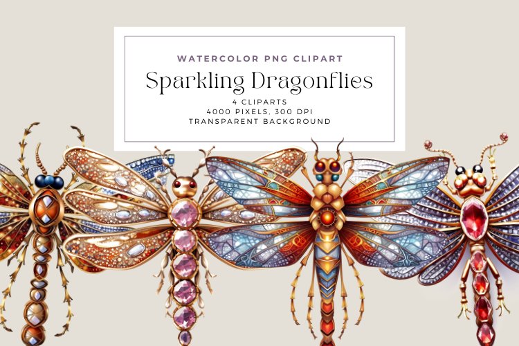 4 Watercolor Sparkling Dragonflies Clipart example image 1