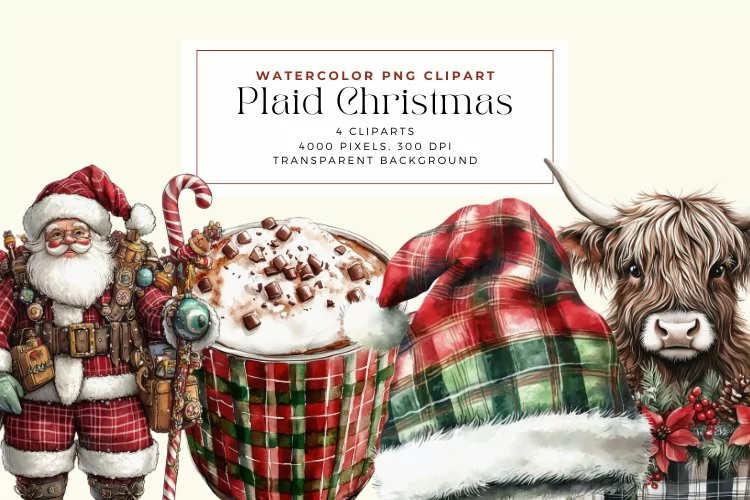 Watercolor Plaid Christmas Clipart
