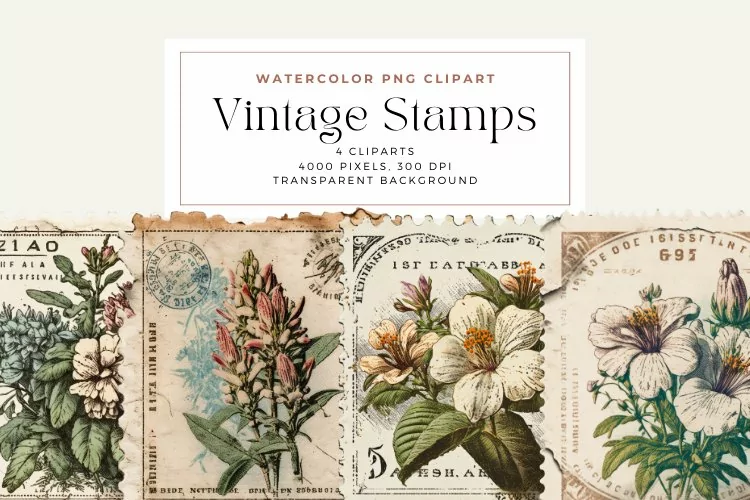 4 Watercolor Vintage Stamps Clipart