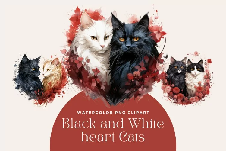 3 Watercolor Black and White Heart Cats Clipart