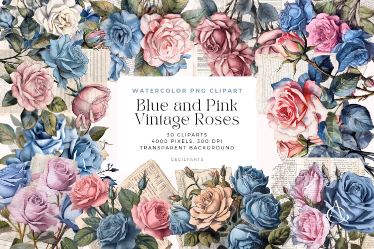 30 Watercolor Blue and Pink Vintage Roses Clipart example image 1